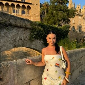 For Love & Lemons white strapless maxi dress with all over summer print